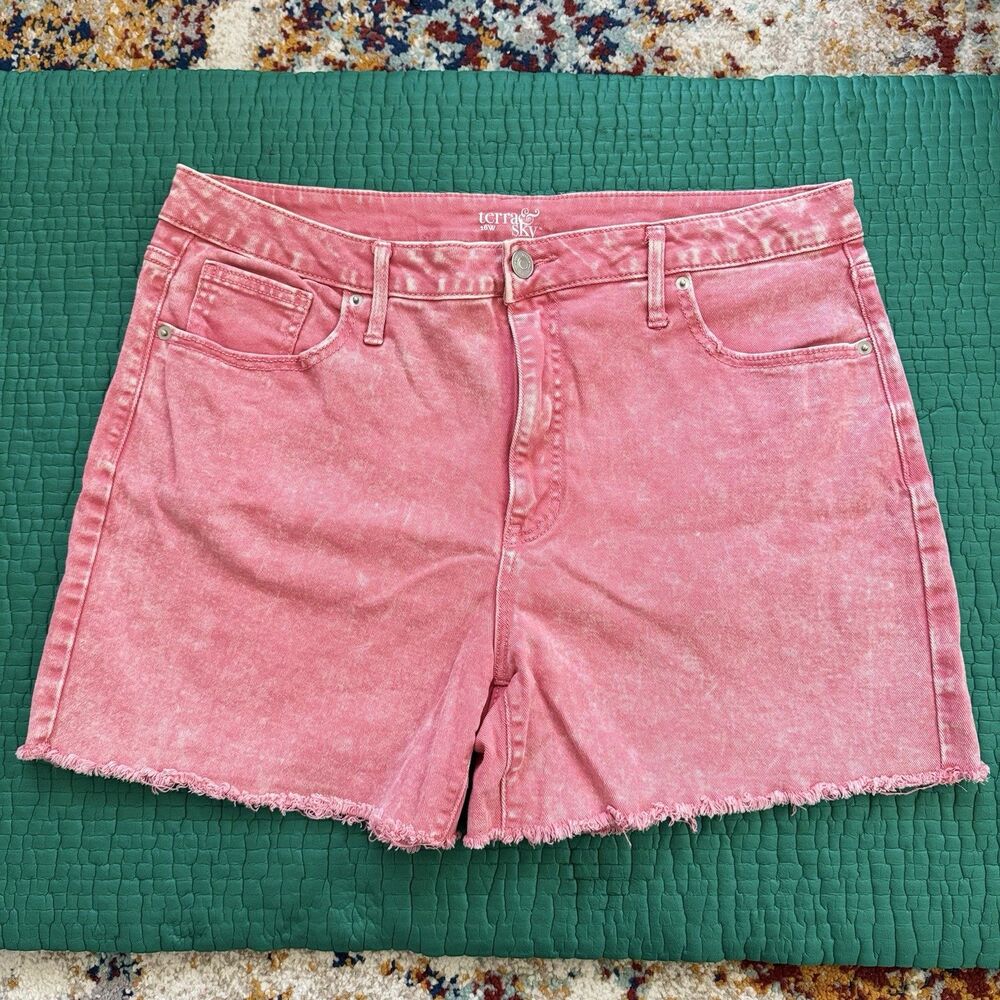 NEW Terra & Sky Pink Stone Wash Stretch Denim Cutoff Shorts Sz 16W Summer Boho